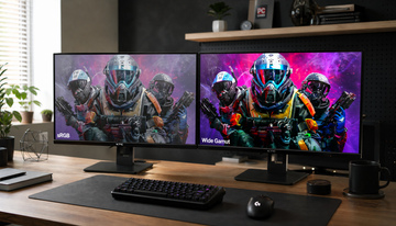 Color shift visible between two monitors with different color gamuts on a modern desk setup