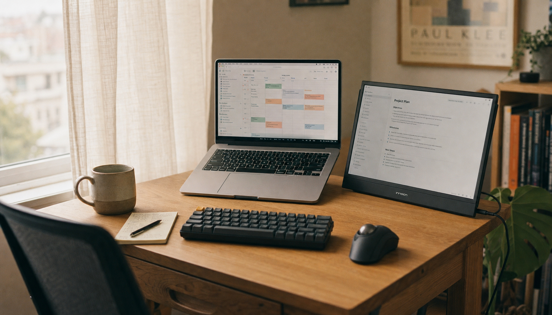 Compact apartment desk setup with laptop and portable monitor side by side, minimal cable clutter, warm morning light
