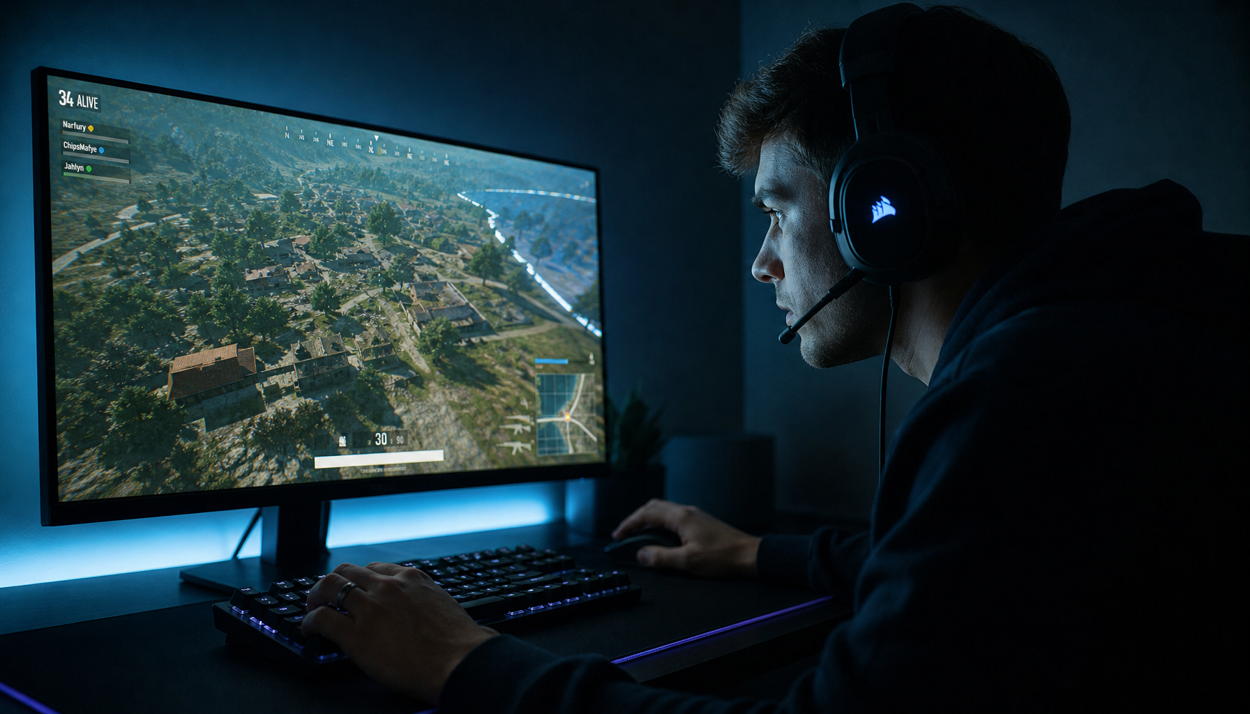 Competitive gamer focused on a battle royale game on a high-refresh gaming monitor, scanning the open map for enemy movement