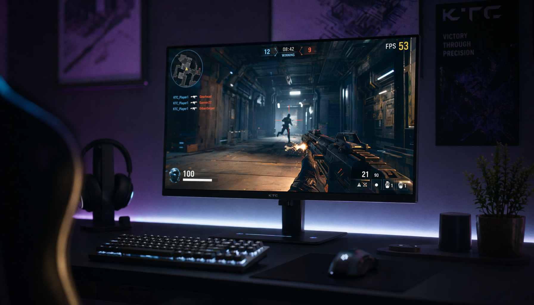 Competitive gaming monitor displaying a first-person shooter at low frame rate with VRR active