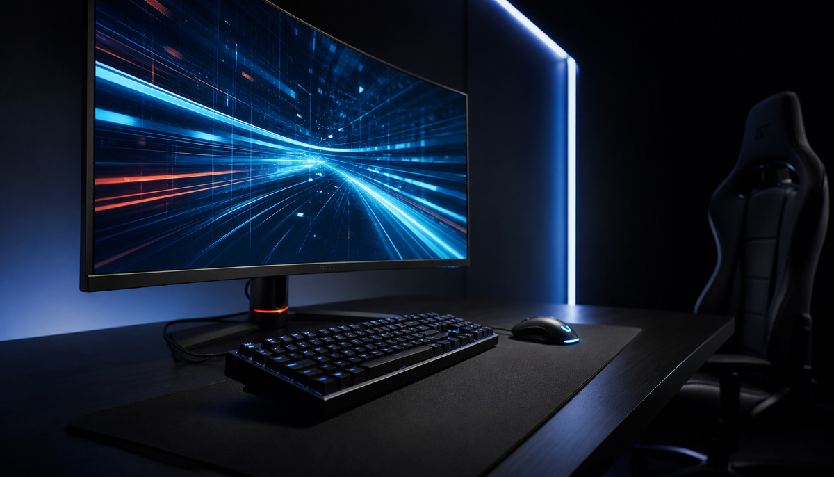 Competitive gaming setup with high-refresh monitor casting cool light across a keyboard and mouse in a darkened room