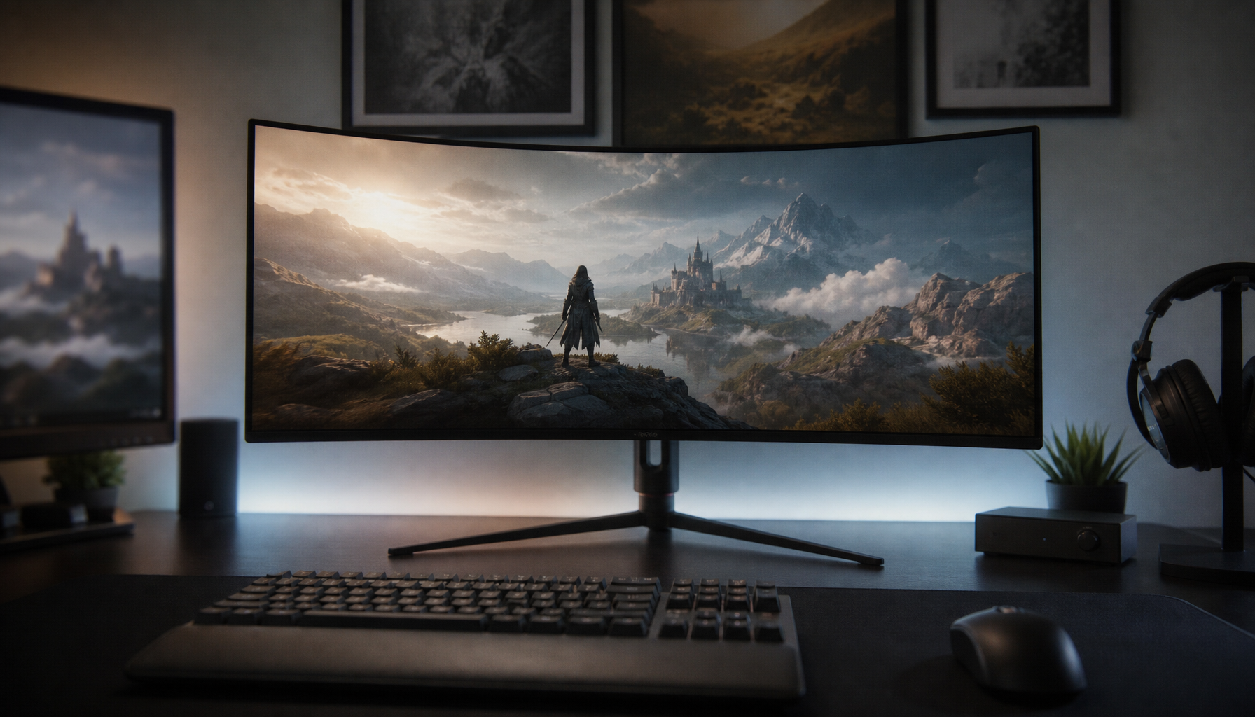Curved 1440p ultrawide monitor on a gaming desk with cool ambient backlighting