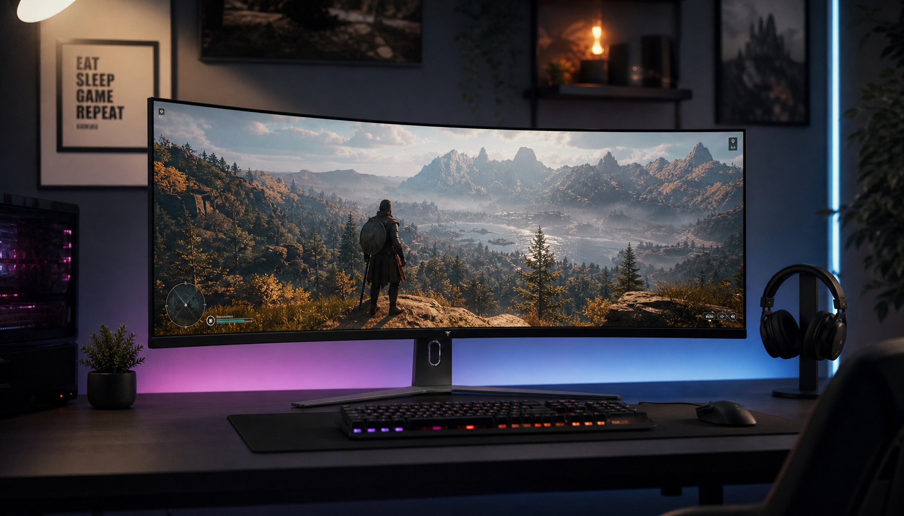 Curved 21:9 ultrawide gaming monitor on a desk, wide cinematic display showing how horizontal width differs from pixel density