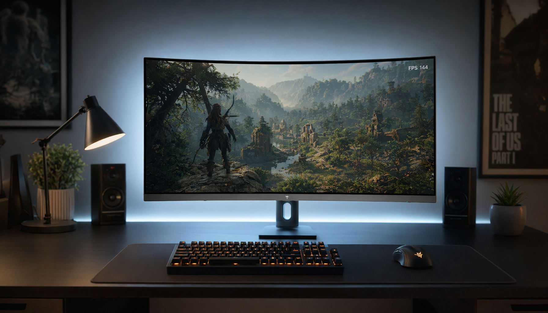 Curved gaming monitor displaying a high-fidelity game scene on a dark gaming desk, illustrating the visual impact of render scale on high-refresh displays