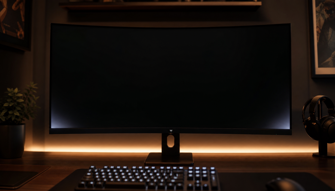 Curved gaming monitor in a dark room showing subtle backlight bleed along the bottom corners of a black screen