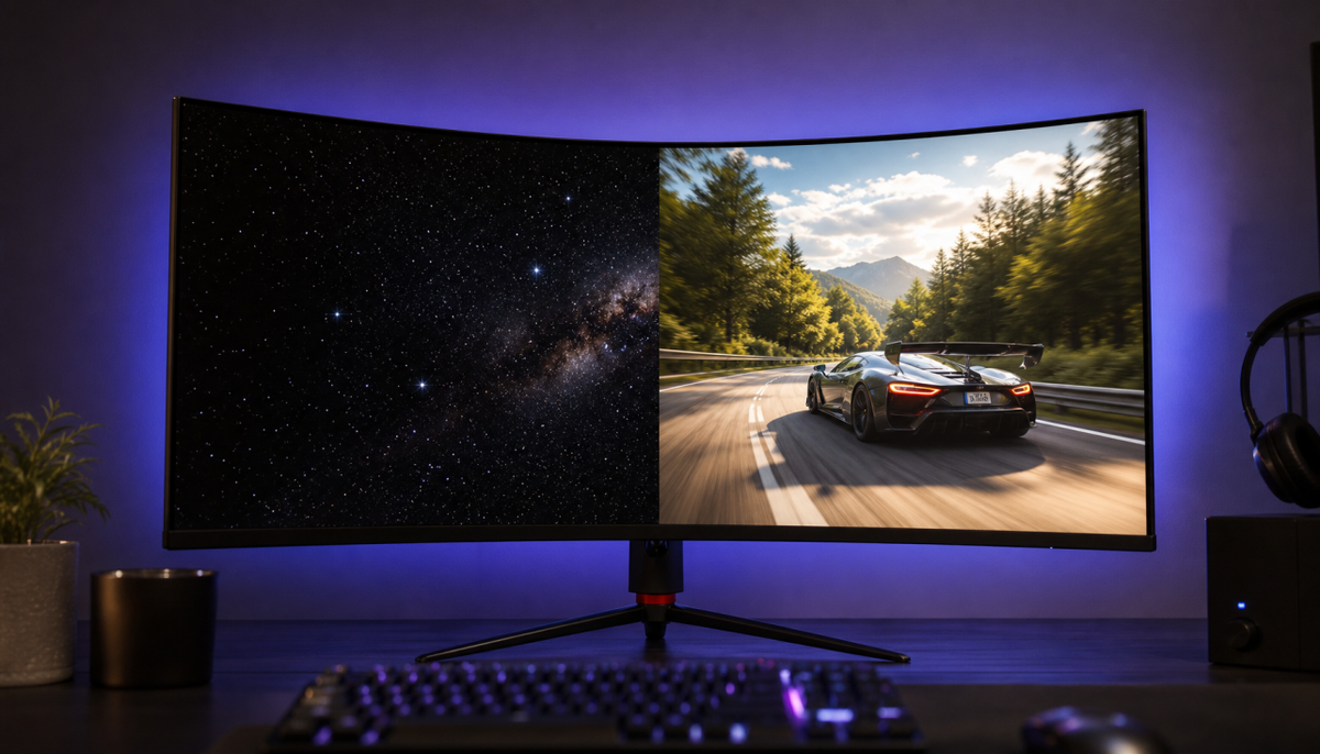 Curved gaming monitor showing OLED dark-scene contrast versus Mini LED bright-scene performance side by side