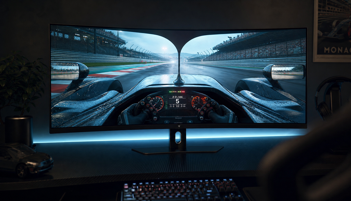 Curved ultrawide gaming monitor displaying a racing sim cockpit view in a dark gaming setup
