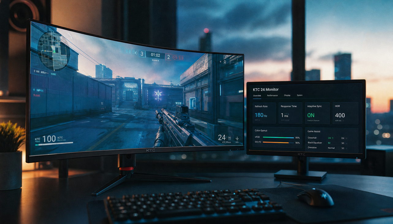 Curved ultrawide gaming monitor next to a flat 24-inch display on a gaming desk, illustrating the choice between curved and flat monitors for competitive aiming