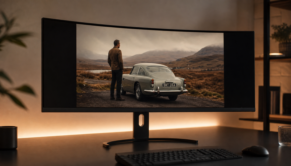 Curved ultrawide monitor displaying 16:9 content with pillarboxes showing correct aspect ratio preservation