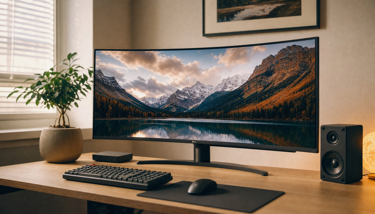 Curved ultrawide monitor on a minimal desk setup showing the wide 21:9 display format