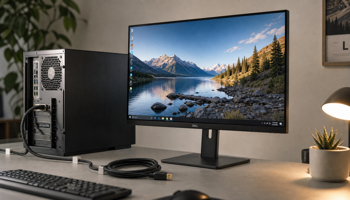 Desktop PC connected directly to a monitor via a DisplayPort cable on a clean test bench, verifying full bandwidth signal stability
