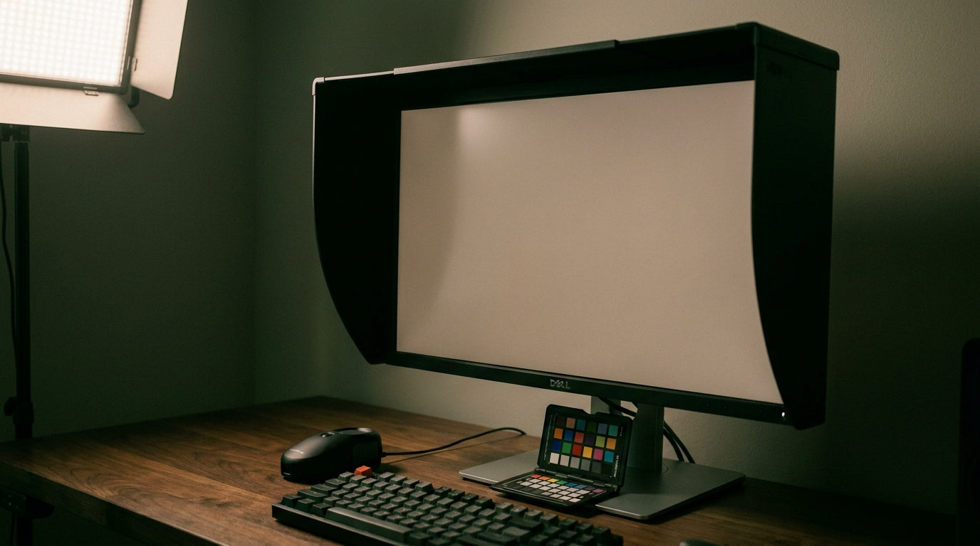 Desktop monitor with a matte black hood attached to reduce glare during color-critical editing work