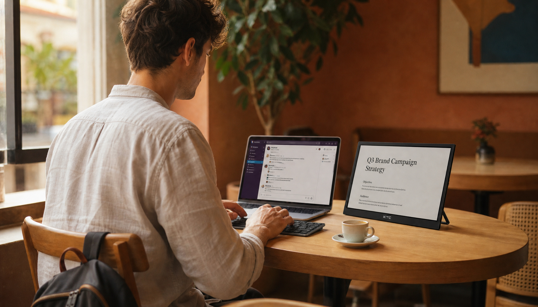 Digital nomad working at a cafe with a laptop and portable monitor side by side, showing a productive dual-screen remote work setup