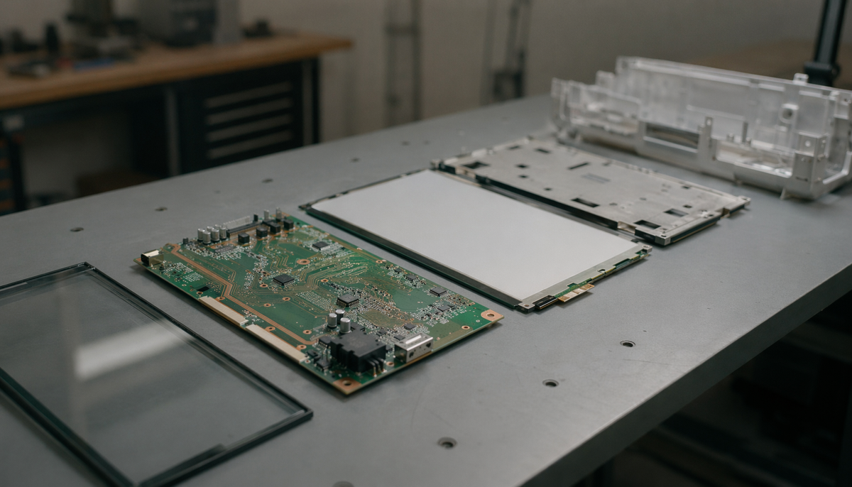 Disassembled flat-panel monitor with circuit board, LCD layers, and housing laid out on an industrial workbench, illustrating the materials inside a modern display