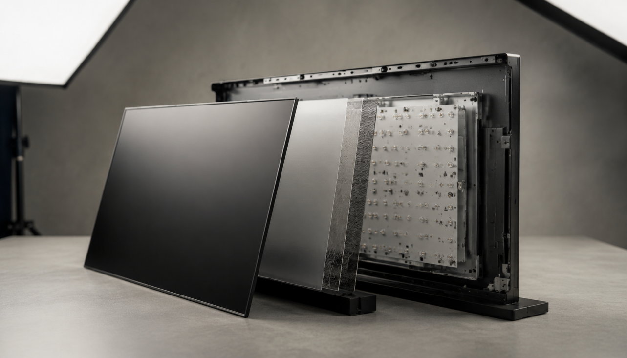 Disassembled gaming monitor showing mini-LED backlight layers and internal components on a workbench
