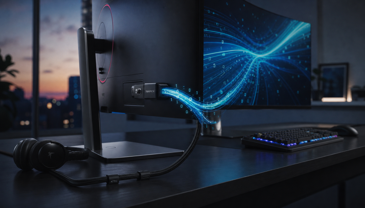DisplayPort 1.4 cable delivering high-bandwidth video signal to a gaming monitor setup