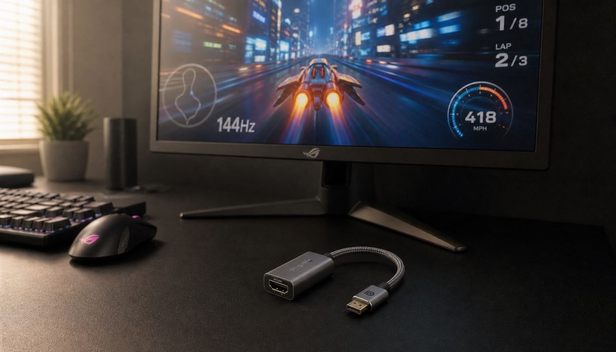 DisplayPort to HDMI adapter next to a 144Hz gaming monitor showing smooth gameplay
