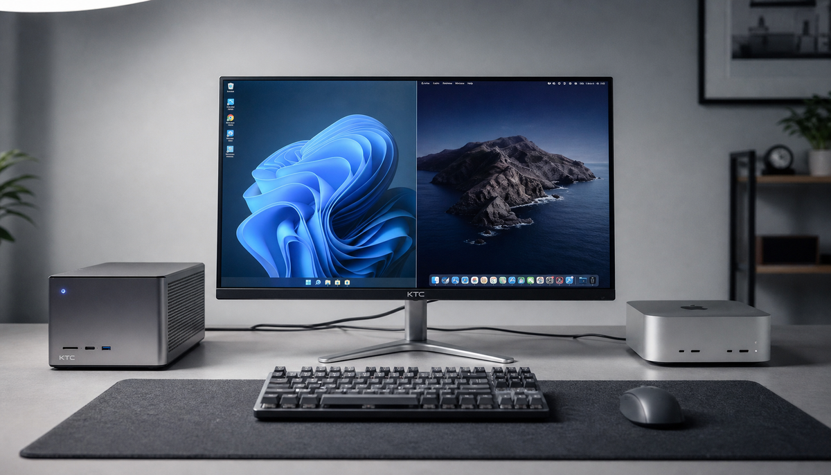 Dual-computer desk setup with one monitor, keyboard, and mouse ready for hotkey switching between two PCs