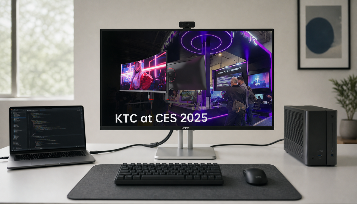 Dual-computer desk with a laptop and desktop sharing one monitor, keyboard, and mouse through a built-in KVM switch