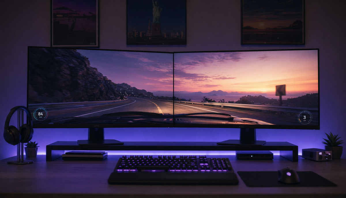 Dual gaming monitor setup with uniform four-sided bezels creating a seamless, balanced display on a gaming desk