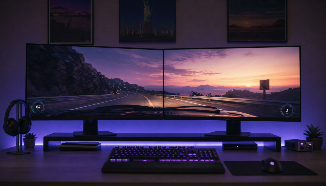 Dual gaming monitor setup with uniform four-sided bezels creating a seamless, balanced display on a gaming desk