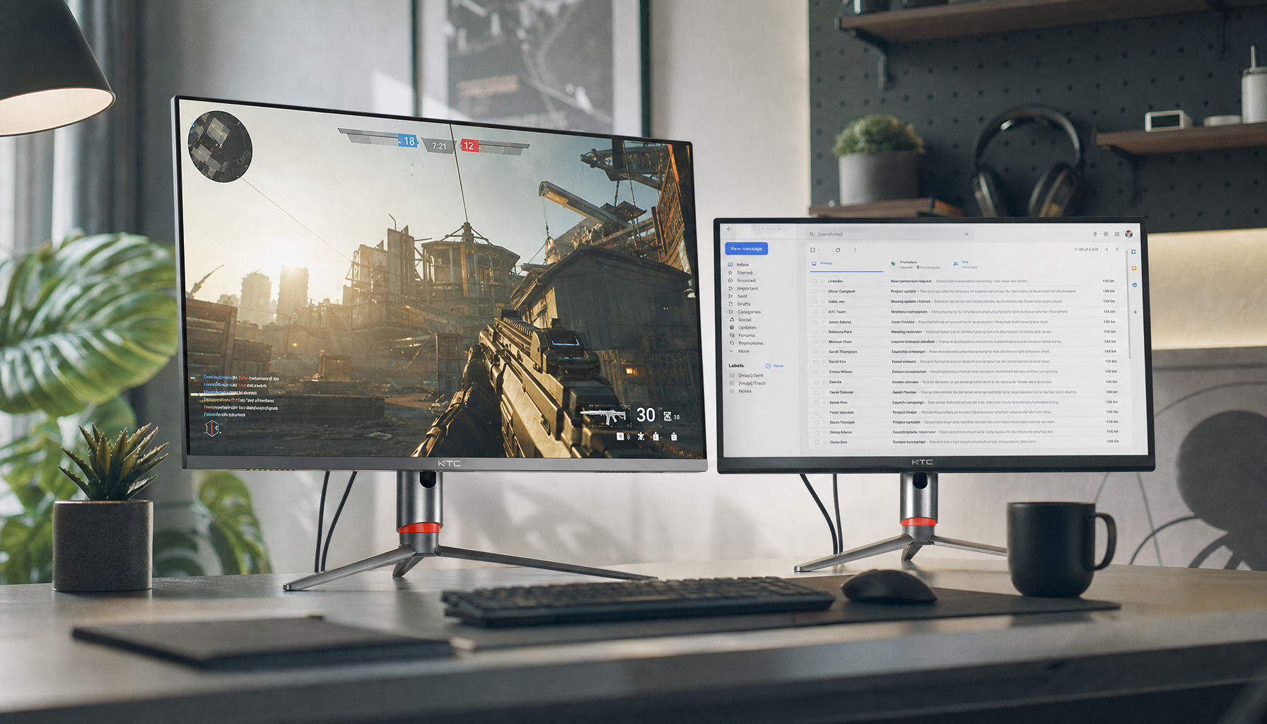 Dual monitor desk setup with a 240Hz gaming display and a 60Hz productivity screen running independently at different refresh rates