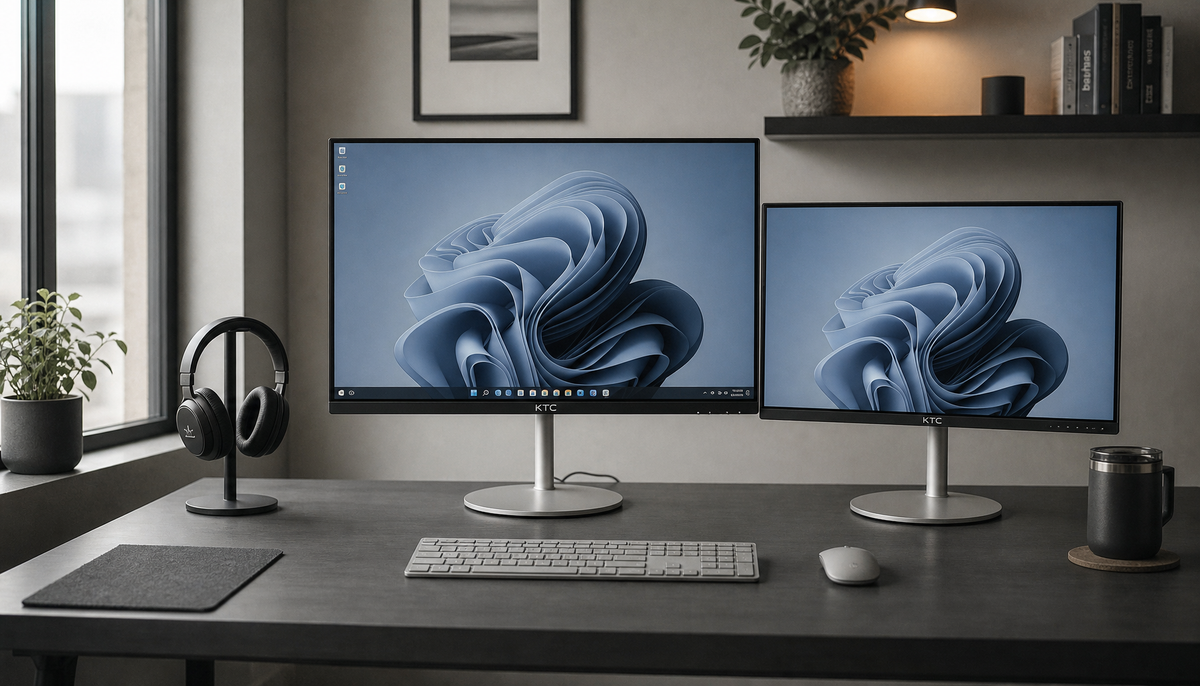 Dual monitor desk setup with a 27-inch primary display and 24-inch secondary monitor side by side on a clean home office desk
