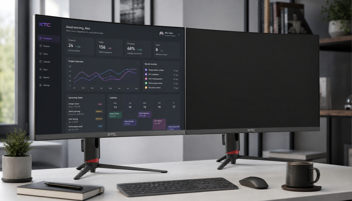 Dual monitor desk setup with one screen active and one in sleep mode, illustrating per-monitor display control