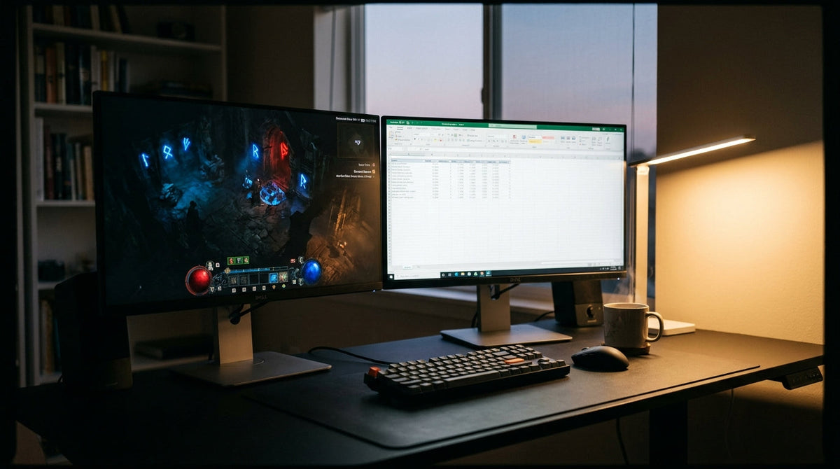 Dual monitor setup comparing gaming brightness and productivity brightness in a home office environment