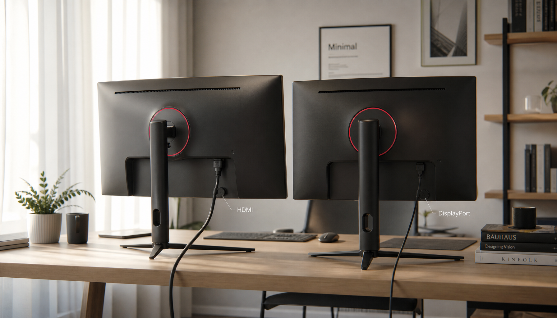 Dual monitor setup showing one display with a reset desktop layout after switching from HDMI to DisplayPort connection