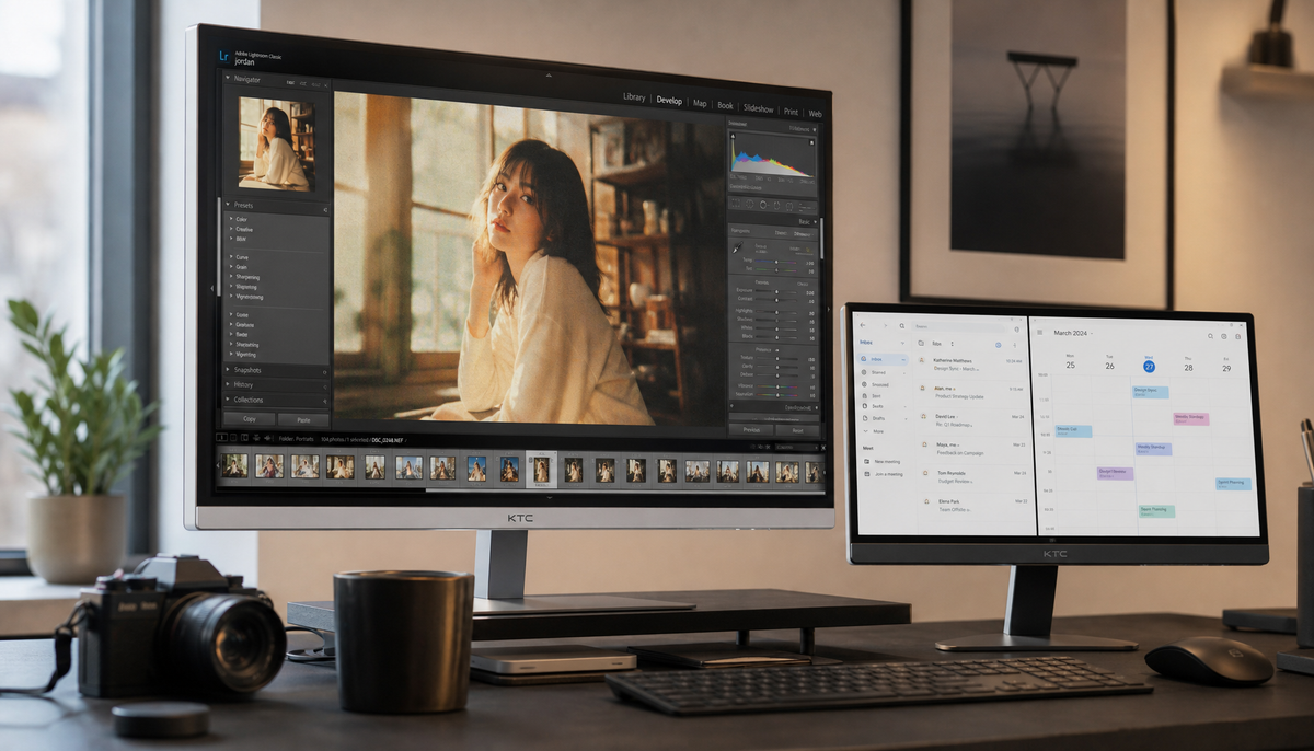 Dual monitor setup with a calibrated photo editing display on the left and an office monitor on the right, each running its own color profile