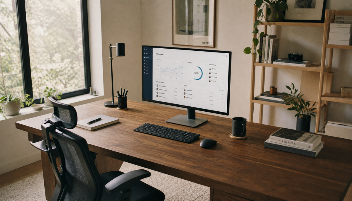 Ergonomically arranged home office with a large monitor at arm’s length on a deep desk, showing correct screen distance and centered keyboard placement