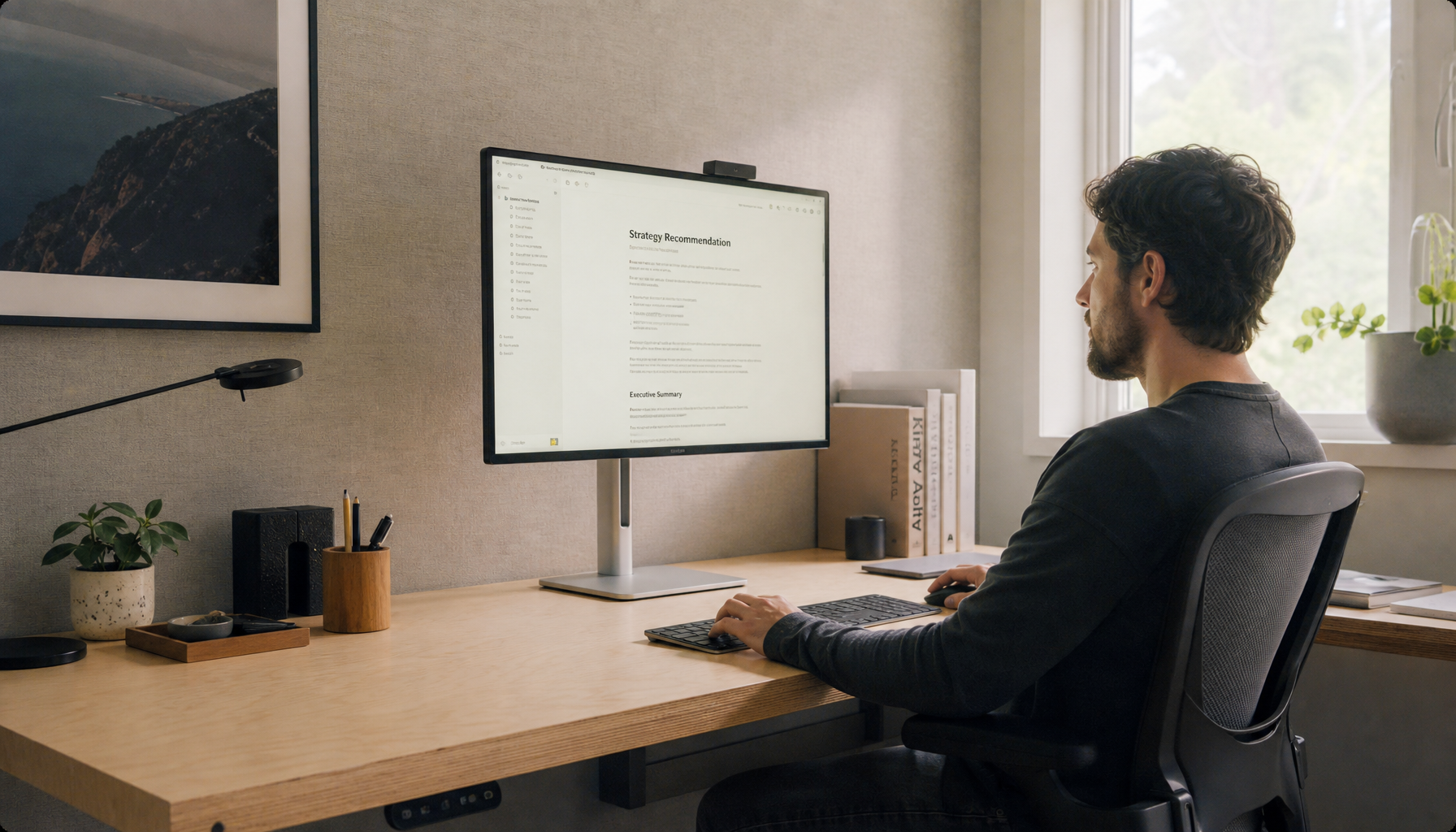 Ergonomically organized home office workstation with monitor at eye level, proper keyboard placement, and soft natural window light for comfortable long-session work