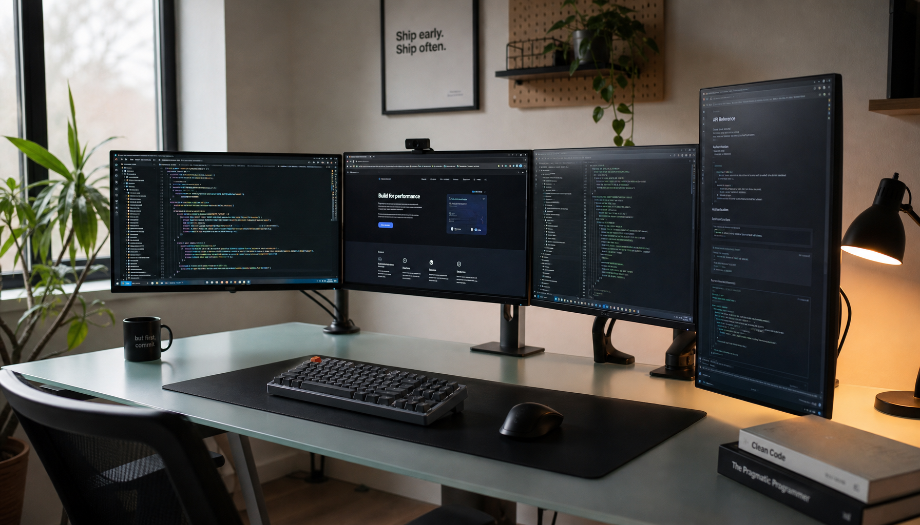 Four-monitor developer workstation with three landscape screens curved inward and one vertical display for terminal logs
