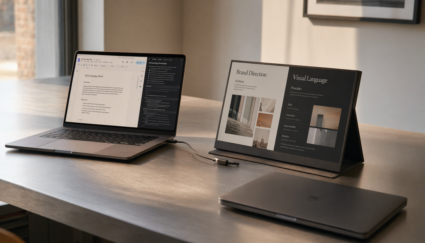 Freelancer desk setup with a portable monitor connected by a single USB-C cable alongside two laptops