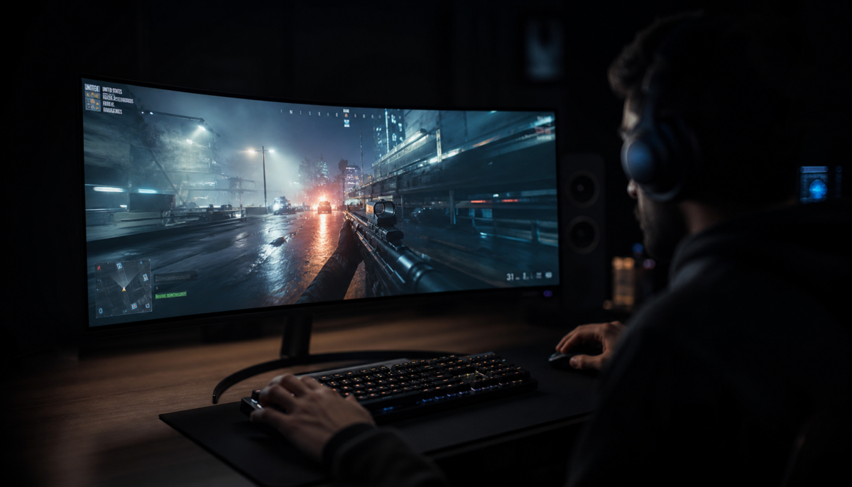 Gamer at a dark desk illuminated by a gaming monitor during a late-night session, illustrating the eye strain conditions discussed in the article