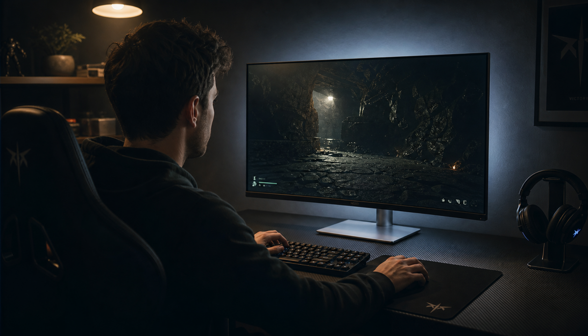 Gamer at desk with gaming monitor showing dark cave scene with shadow detail issues from console HDR miscalibration