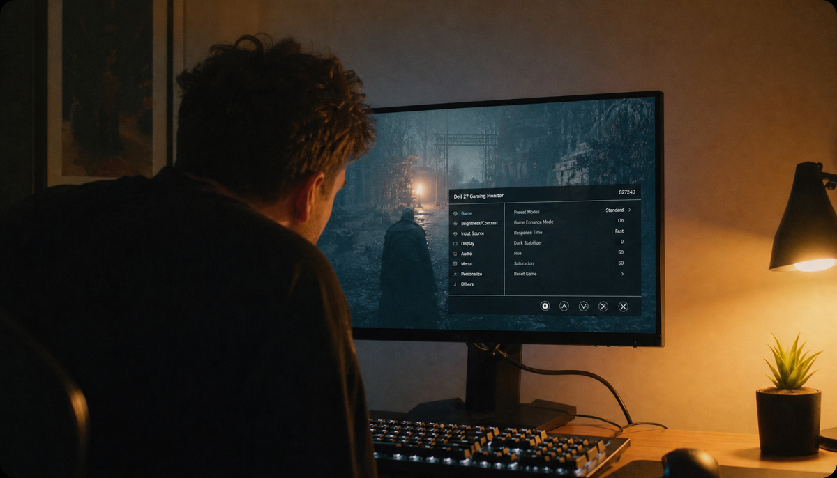 Gamer checking monitor OSD settings to troubleshoot washed-out blacks in a dark gaming room