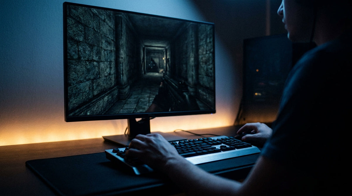Gamer in a dark room watching a monitor display near-black shadow detail during a fast camera pan in a shooter game