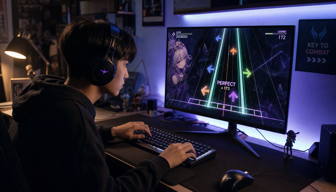 Gamer playing a rhythm game on a high refresh rate monitor with a mechanical keyboard
