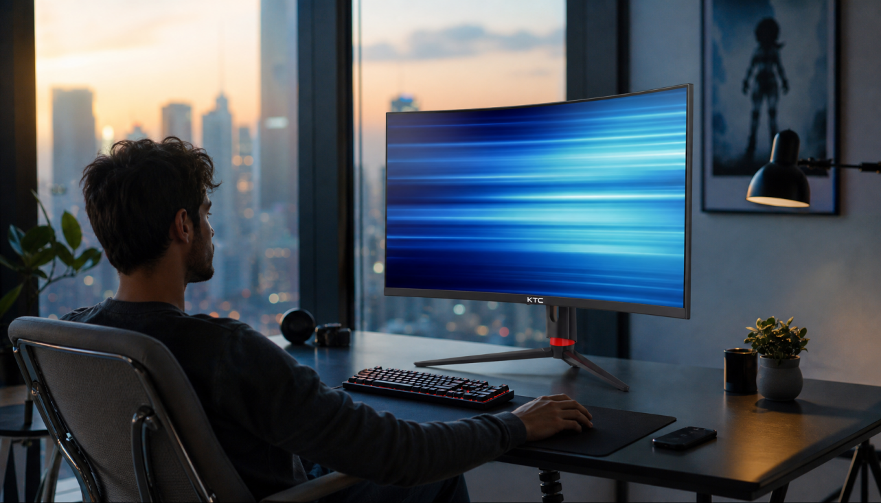 Gamer seated at proper viewing distance from a 27-inch gaming monitor in a modern desk setup