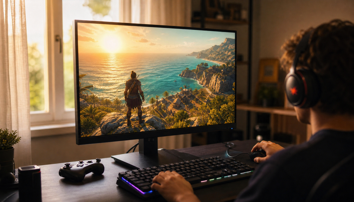 Gamer viewing a wide open-world ocean scene on a gaming monitor with uniform brightness from center to corners