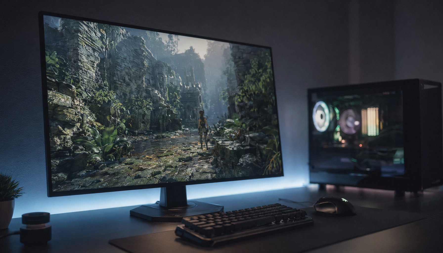 Gaming PC setup with large monitor showing high-texture open-world game scene, illustrating the relationship between GPU memory, texture quality, and screen resolution