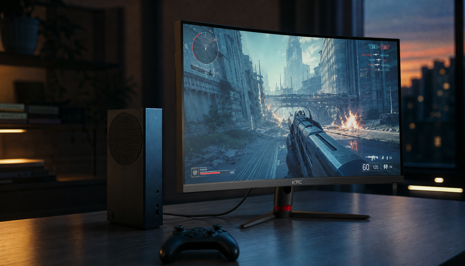 Gaming console connected to a smart display speaker setup on a clean desk, illustrating a typical console audio chain