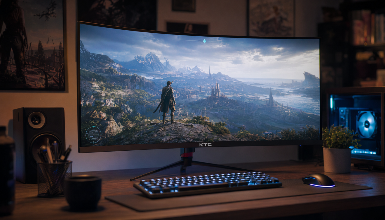 Gaming desk setup with a large 4K monitor displaying a detailed open-world game scene, representing the 1440p vs 4K frame generation comparison