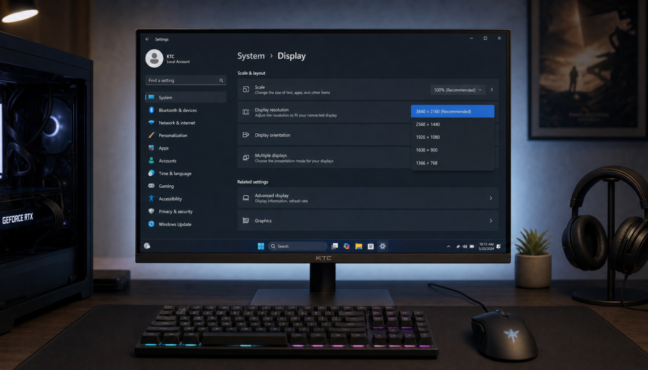 Gaming desk setup with monitor showing Windows 4K resolution settings selected as Recommended