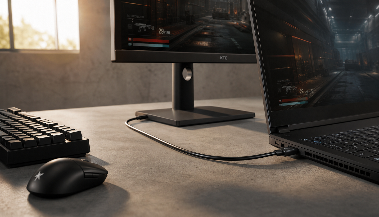 Gaming laptop connected to USB-C monitor with a single cable on a clean desk setup