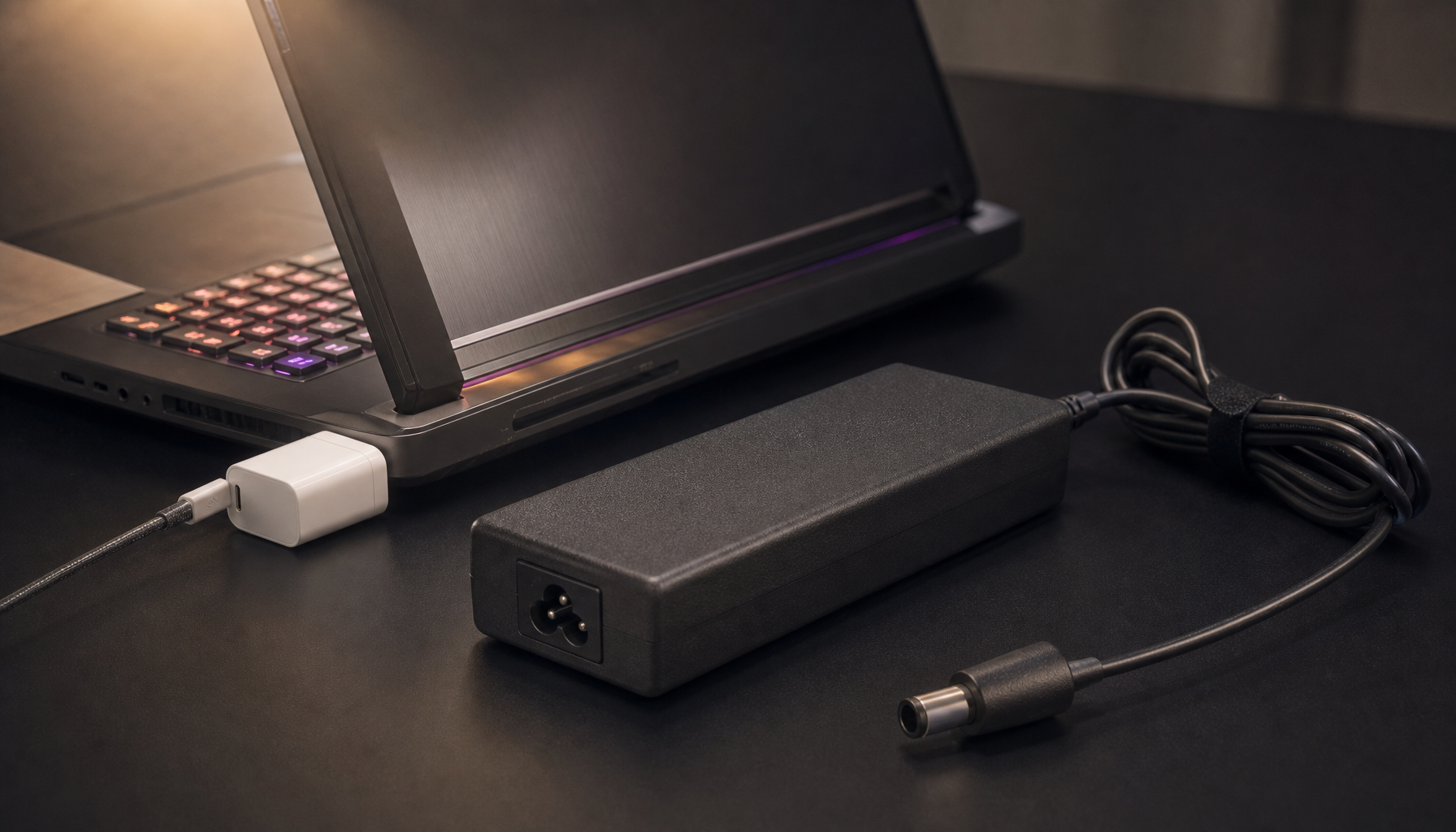 Gaming laptop connected to a compact USB-C GaN charger next to a large proprietary barrel-plug adapter, showing the size difference between travel and performance charging options