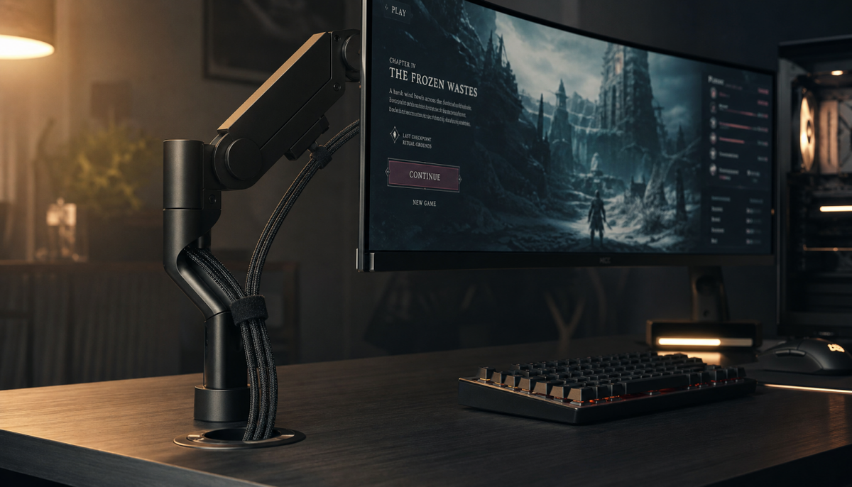 Gaming monitor arm with DisplayPort and HDMI cables routed in relaxed curves using hook-and-loop straps for clean signal management