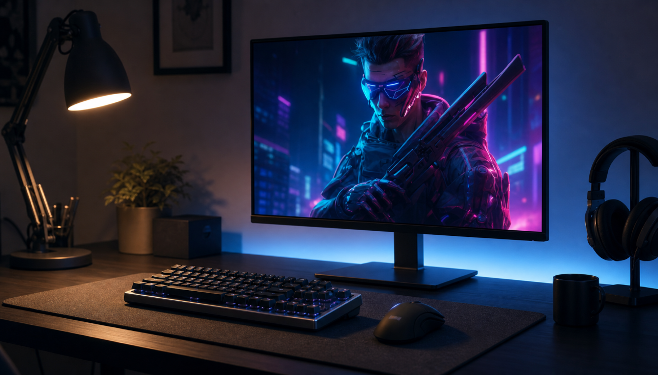 Gaming monitor at native 4K resolution displaying a high-refresh competitive game scene on a clean desk setup